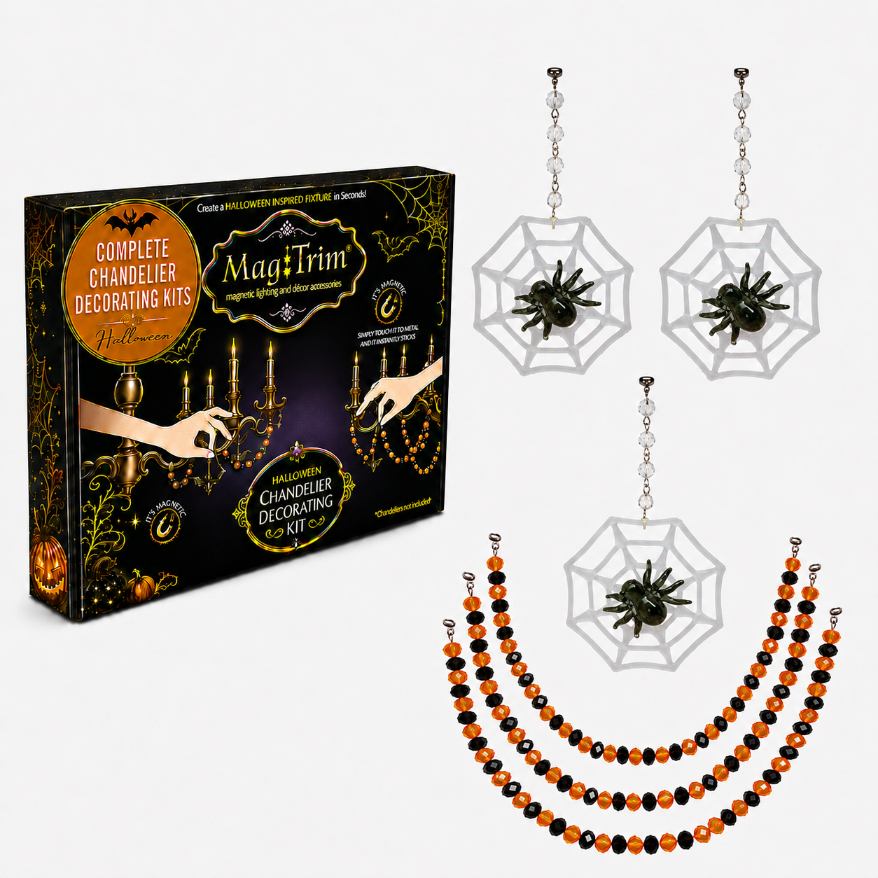 HALLOWEEN CHANDELIER MAKEOVER KIT - (3) Spider Web + (3) 12" Orange/Black Garland