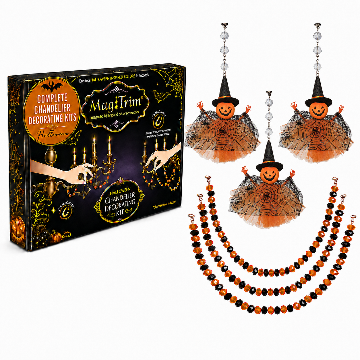 HALLOWEEN CHANDELIER MAKEOVER KIT - (3) Pumpkin Witch + (3) 12" Orange/Black Crystal Bead Garland (Copy)