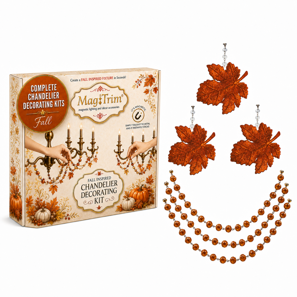 FALL CHANDELIER MAKEOVER KIT - GLITTER AMBER LEAF +  12" AMBER CRYSTAL BEAD GARLAND (Copy)