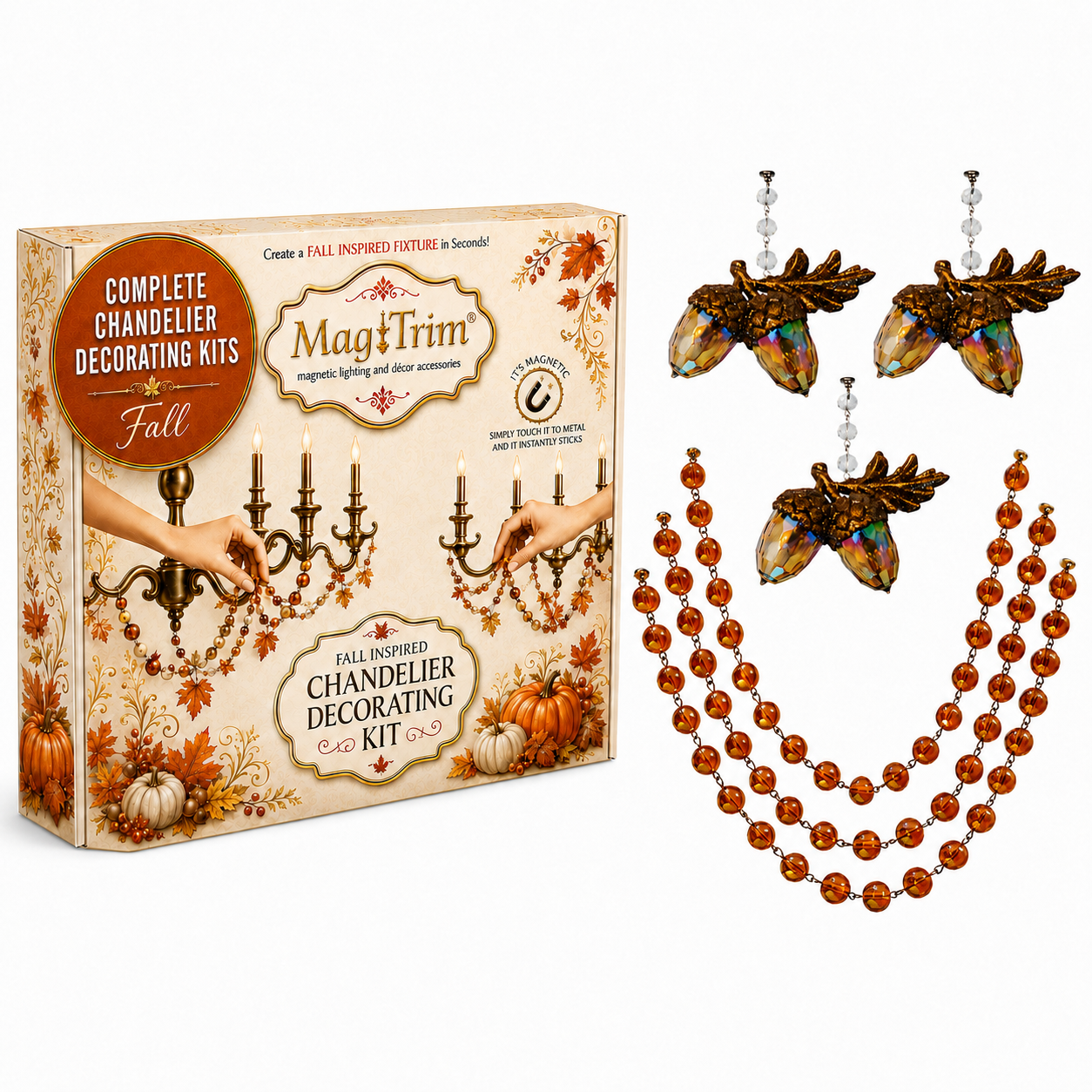 FALL CHANDELIER MAKEOVER KIT - GLITTER ACORN +  12" AMBER CRYSTAL BEAD GARLAND (Copy)