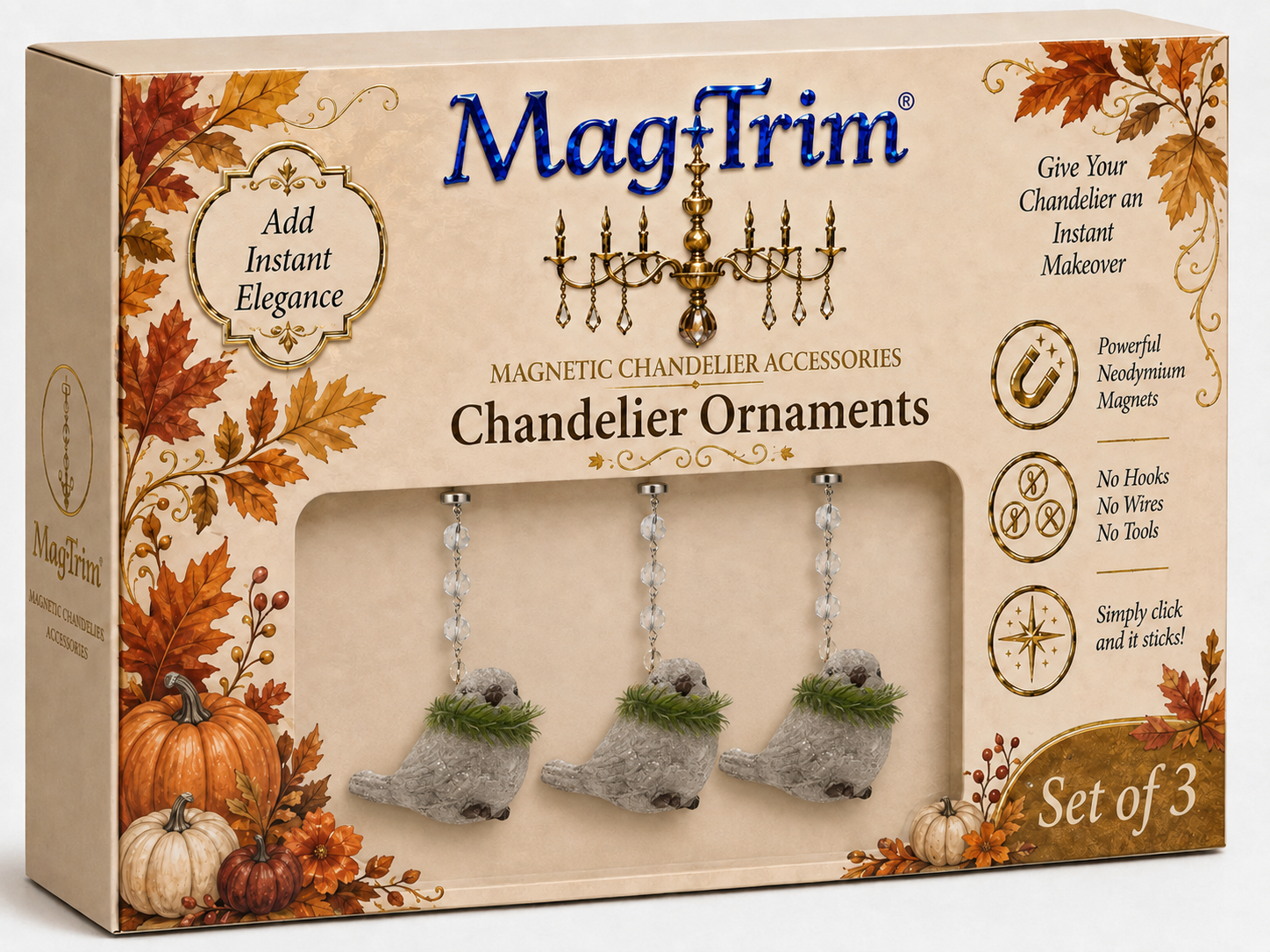 RUSTIC DOVE w/WREATH (Set/1) OR (Set/3) MAGNETIC CHANDELIER ORNAMENT
