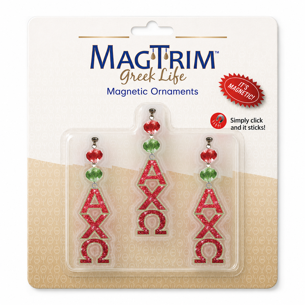 Greek Logo Bling - Alpha Chi Omega - Magnetic Ornament   (Set of 3) Blister Pack  Set/3