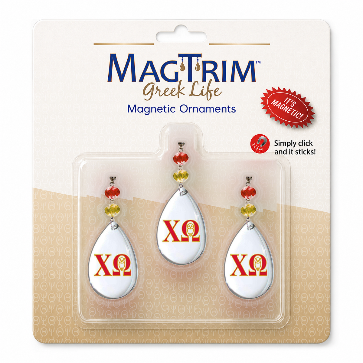 Greek Logo Crystal - Badge- Chi Omega   (Set of 3) MAGNETIC ORNAMENT Blister Pack  Set/3