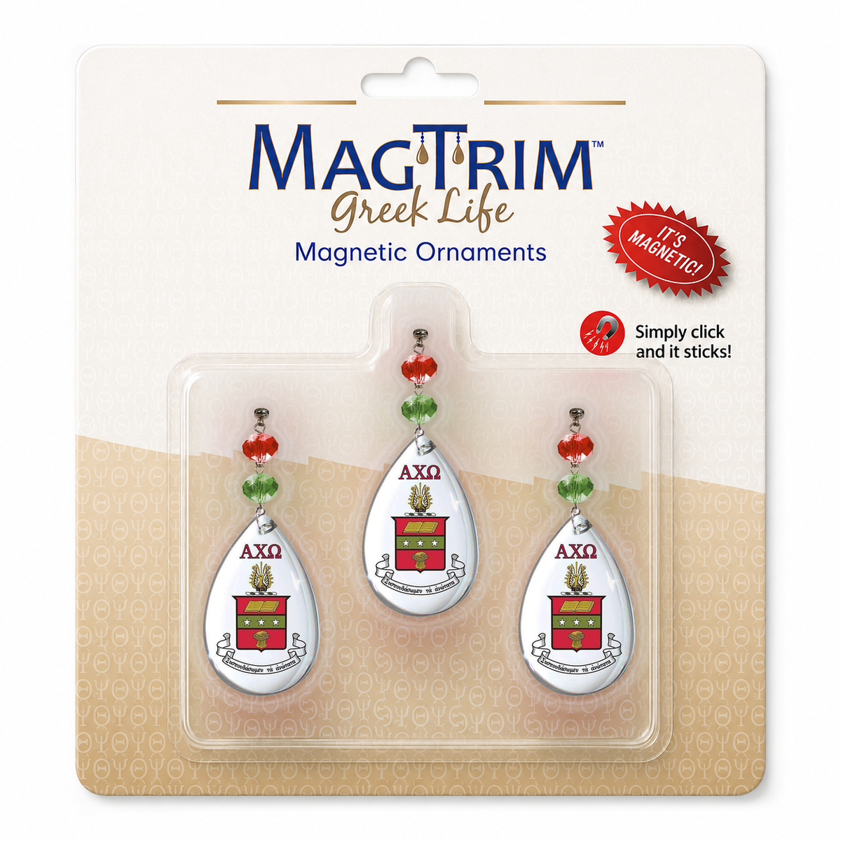 Greek Logo Crystal - Crest- Alpha Chi Omega   (Set of 3) MAGNETIC ORNAMENT Blister Pack  Set/3