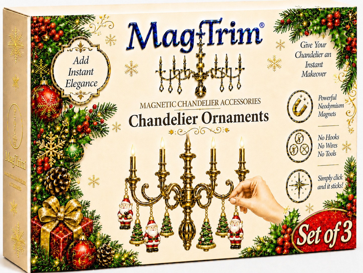MagTrim Chandelier Ornaments Set of 3 in its retail packaging box, decorated with festive Christmas greenery, red berries, gold ornaments, and a chandelier illustration.