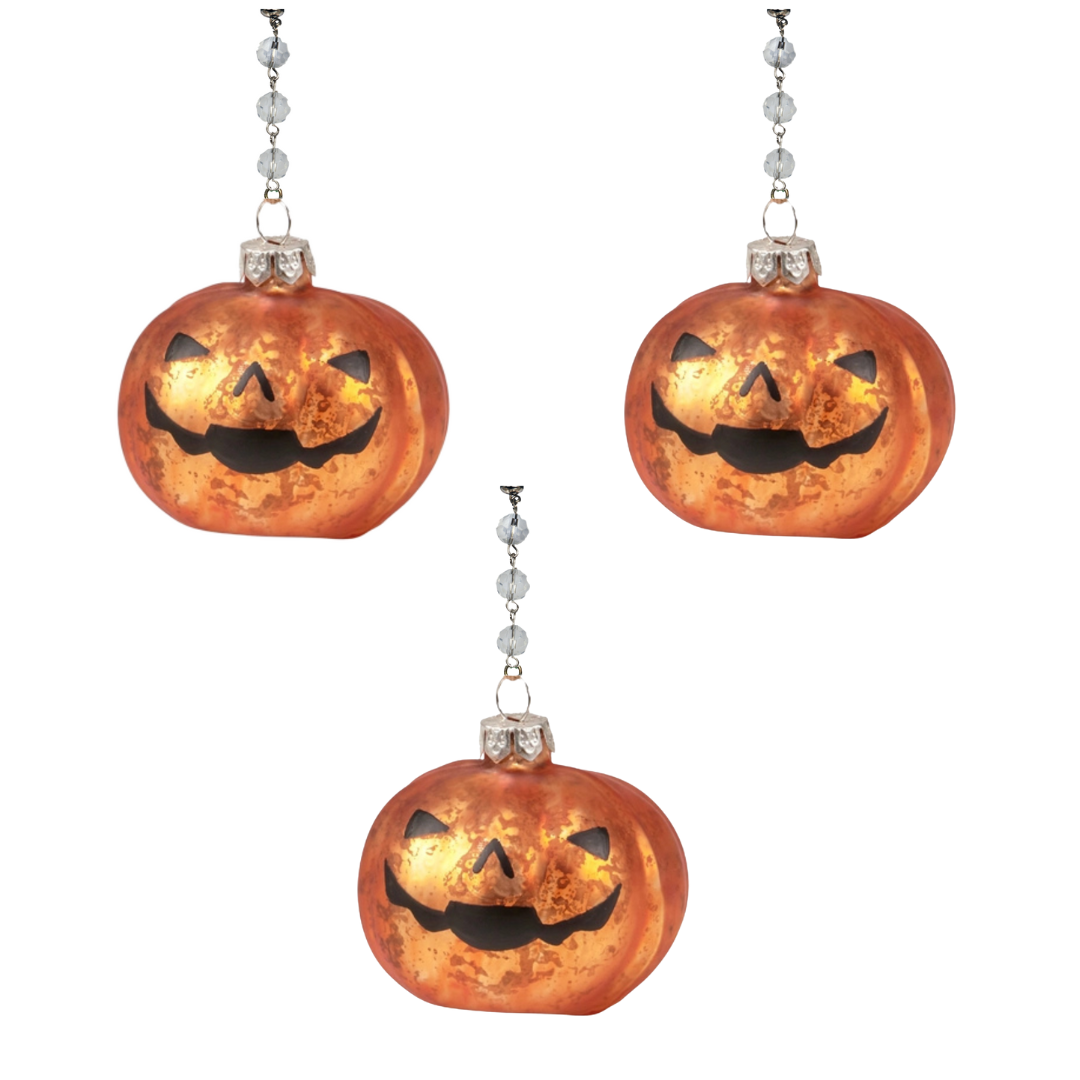 GLASS PUMPKIN w/FACE -  (Set/1) - MAGNETIC HALLOWEEN ORNAMENT