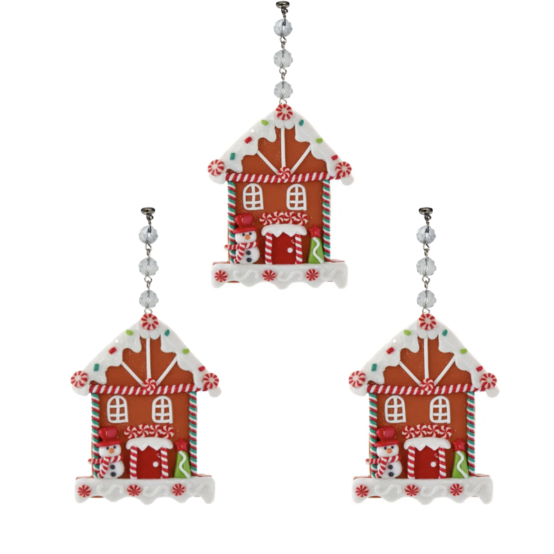 FLAT GINGERBREAD HOUSE - SNOWMAN (Set/3) or (Set/1) MAGNETIC CHANDELIER ORNAMENT