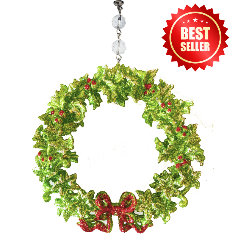 GLITTER RED/GREEN BOW WREATH (Set/3) MAGNETIC CHANDELIER ORNAMENT