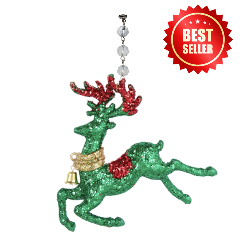 GLITTER GREEN REINDEER (Set/3) MAGNETIC CHANDELIER ORNAMENT