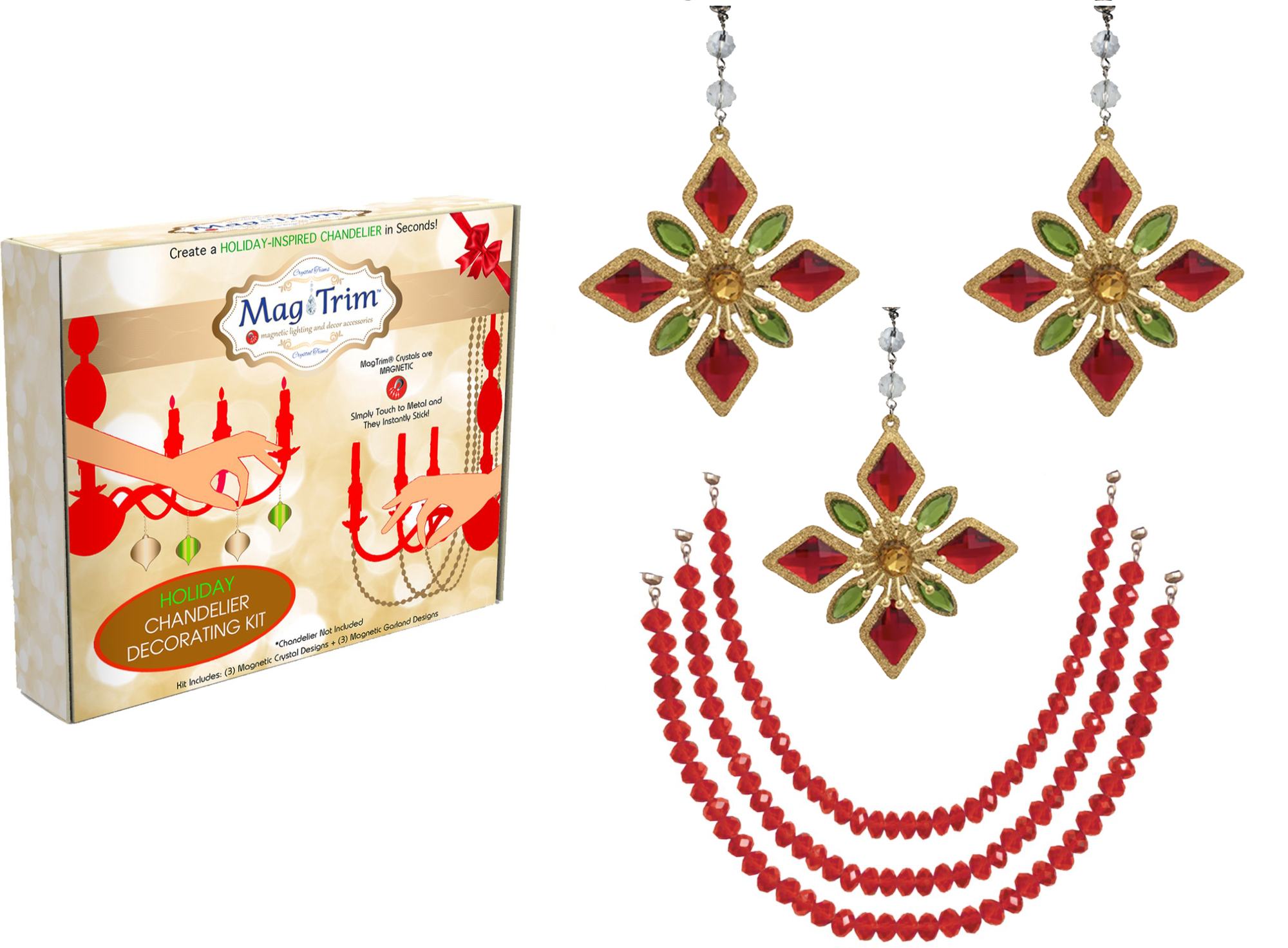 HOLIDAY CHANDELIER MAKEOVER KIT - (3) Red/Green/Gold Jeweled Snowflake + (3) 12&quot; Light Red Crystal Garland