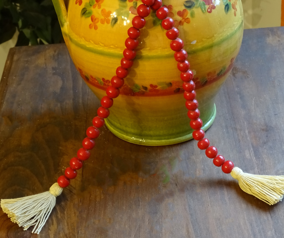 RED (SMALL BEAD) 24&quot; WOOD BEAD GARLAND w/ JUTE TASSELS (Set/1)