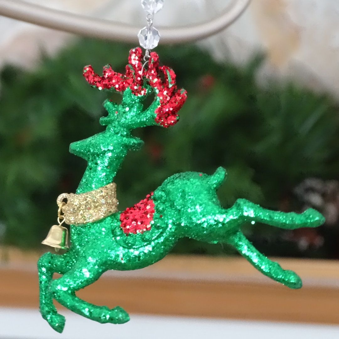 GLITTER GREEN REINDEER (Set/3) MAGNETIC CHANDELIER ORNAMENT