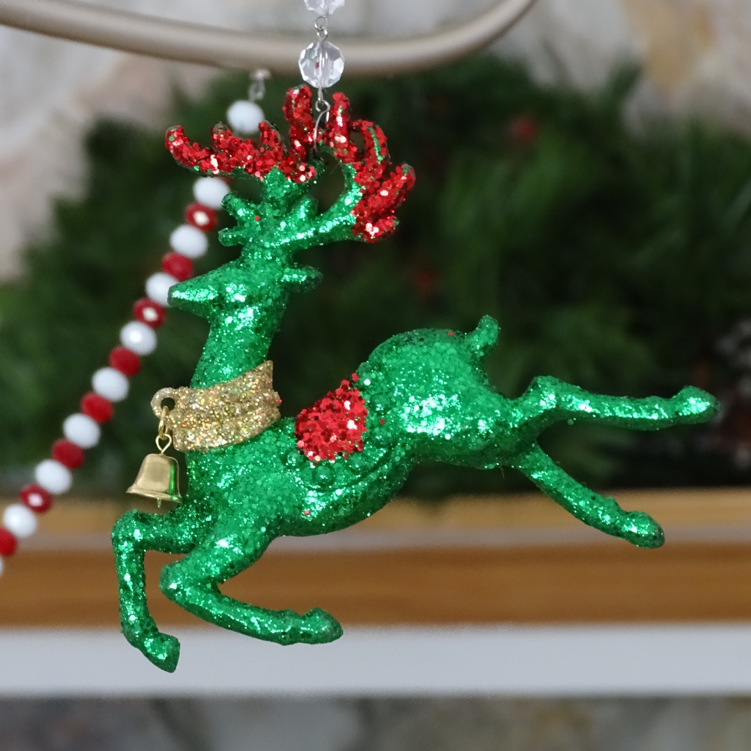 GLITTER GREEN REINDEER (Set/3) MAGNETIC CHANDELIER ORNAMENT