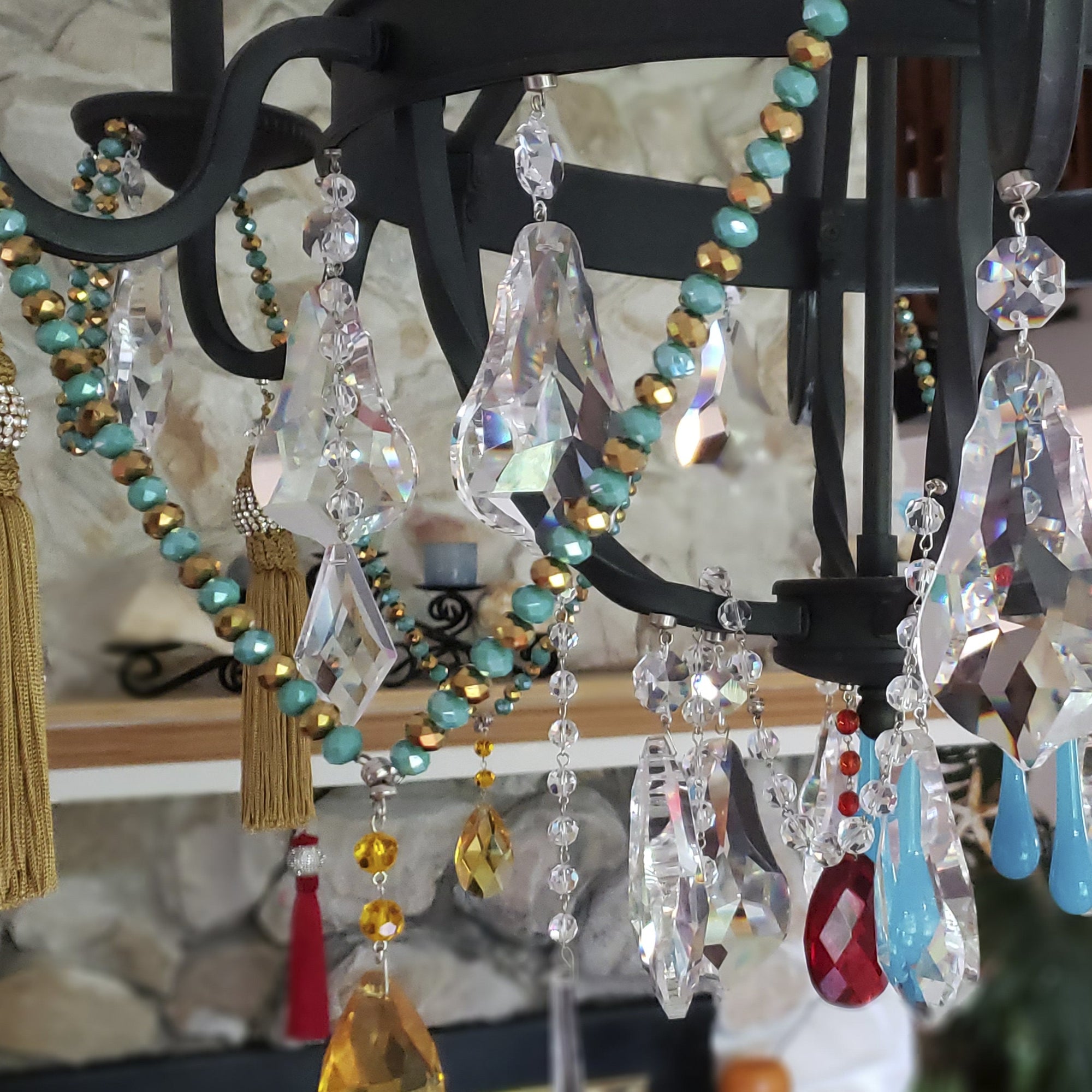 12" Crystal Garland - Turquoise/Gold (Set of 3) Magnetic Chandelier Crystal TrimKit® - MagTrim Designs LLC