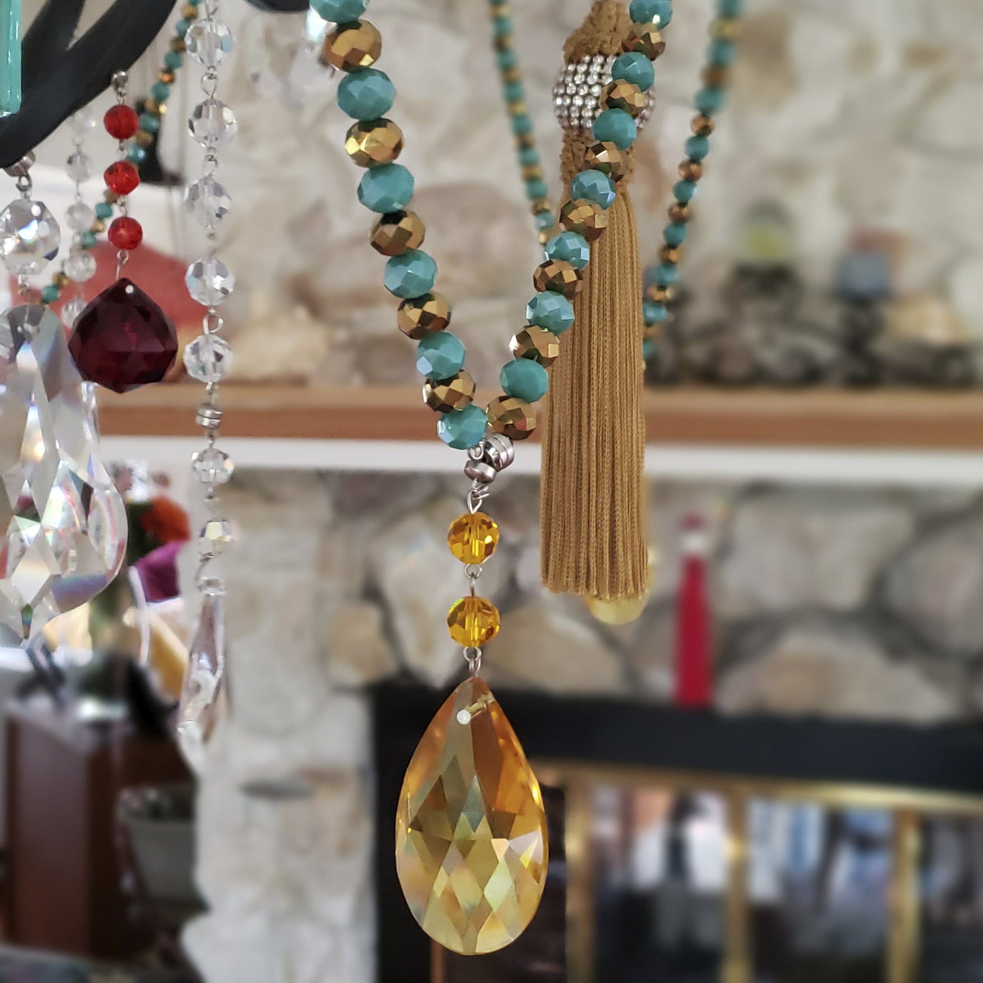 12" Crystal Garland - Turquoise/Gold (Set of 3) Magnetic Chandelier Crystal TrimKit® - MagTrim Designs LLC