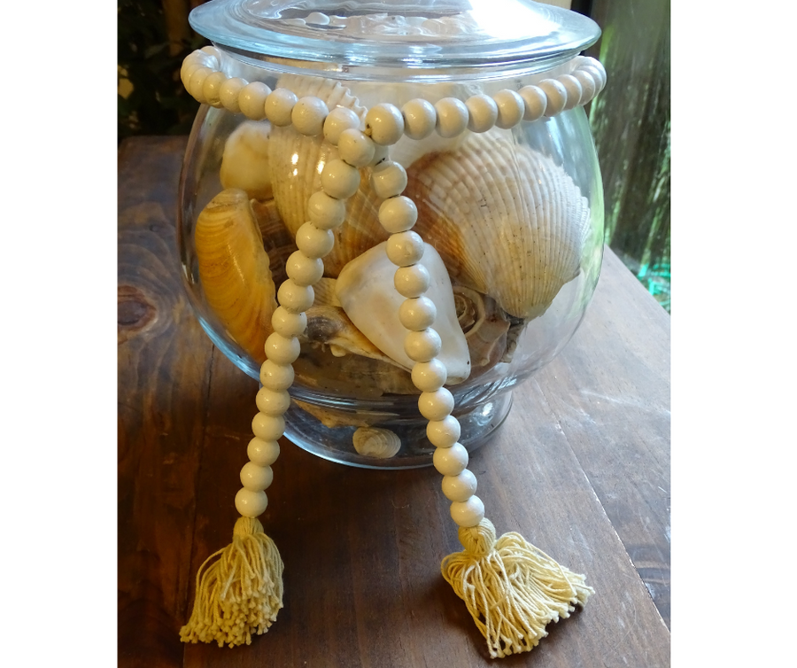 WHITE (SMALL BEAD) 24" WOOD BEAD GARLAND w/ JUTE TASSELS (Set/1)