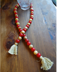 NATURAL BEIGE + RED (LARGE BEAD) 24" WOOD BEAD GARLAND w/ JUTE TASSELS (Set/1)