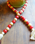 NATURAL BEIGE + RED (LARGE BEAD) 24" WOOD BEAD GARLAND w/ JUTE TASSELS (Set/1)