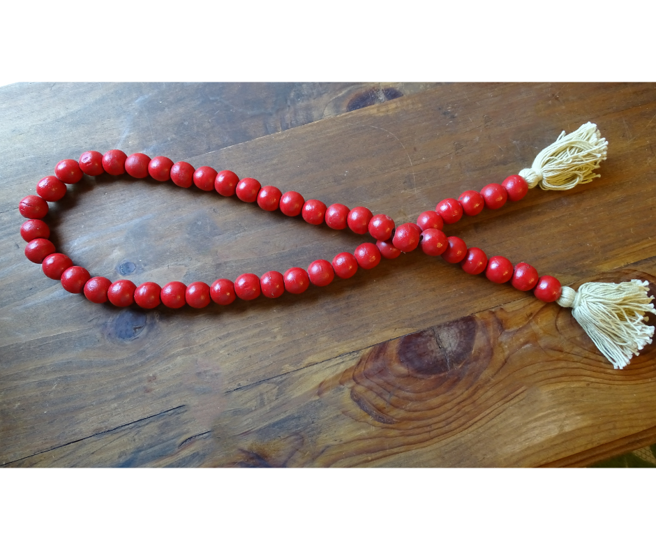 RED (LARGE BEAD) 24&quot; WOOD BEAD GARLAND w/ JUTE TASSELS (Set/1)