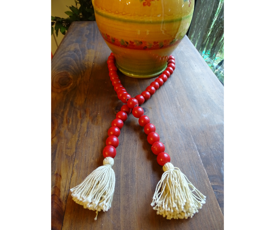 RED (LARGE BEAD) 24&quot; WOOD BEAD GARLAND w/ JUTE TASSELS (Set/1)