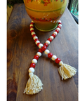 RED + WHITE (LARGE BEAD) 24" WOOD BEAD GARLAND w/ JUTE TASSELS (Set/1)