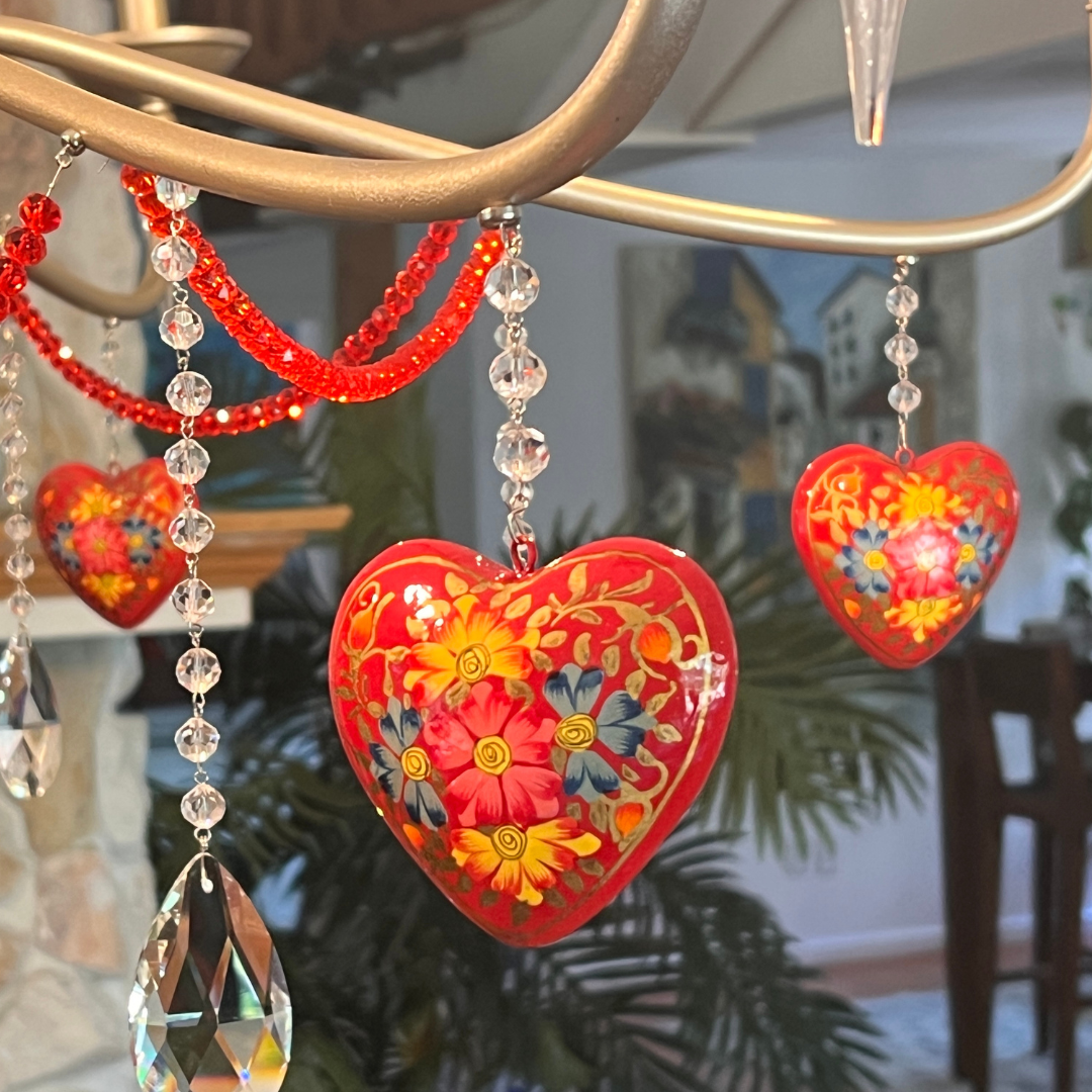 RED FLORAL HEART MAGNETIC ORNAMENT (Box of 3) - Magnetic Chandelier Accessory TrimKit®