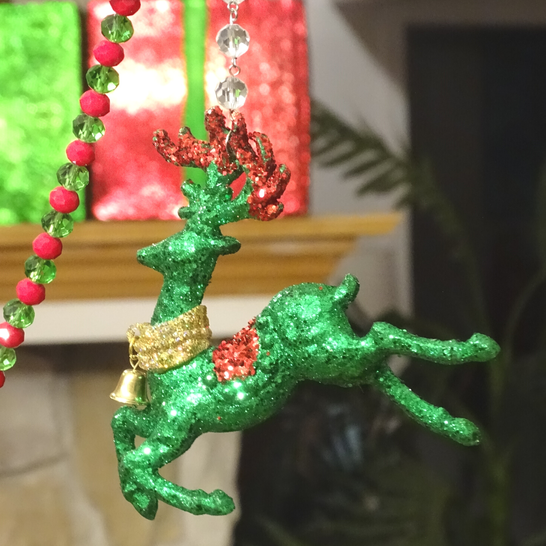 GLITTER GREEN REINDEER (Set/3) MAGNETIC CHANDELIER ORNAMENT