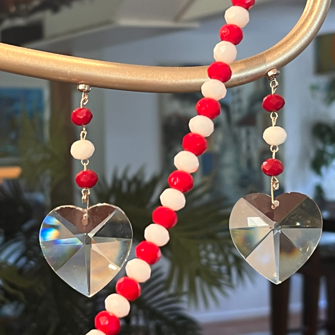 40mm RED/WHITE BEAD CRYSTAL HEART  (Box of 3)  Magnetic Chandelier Crystal
