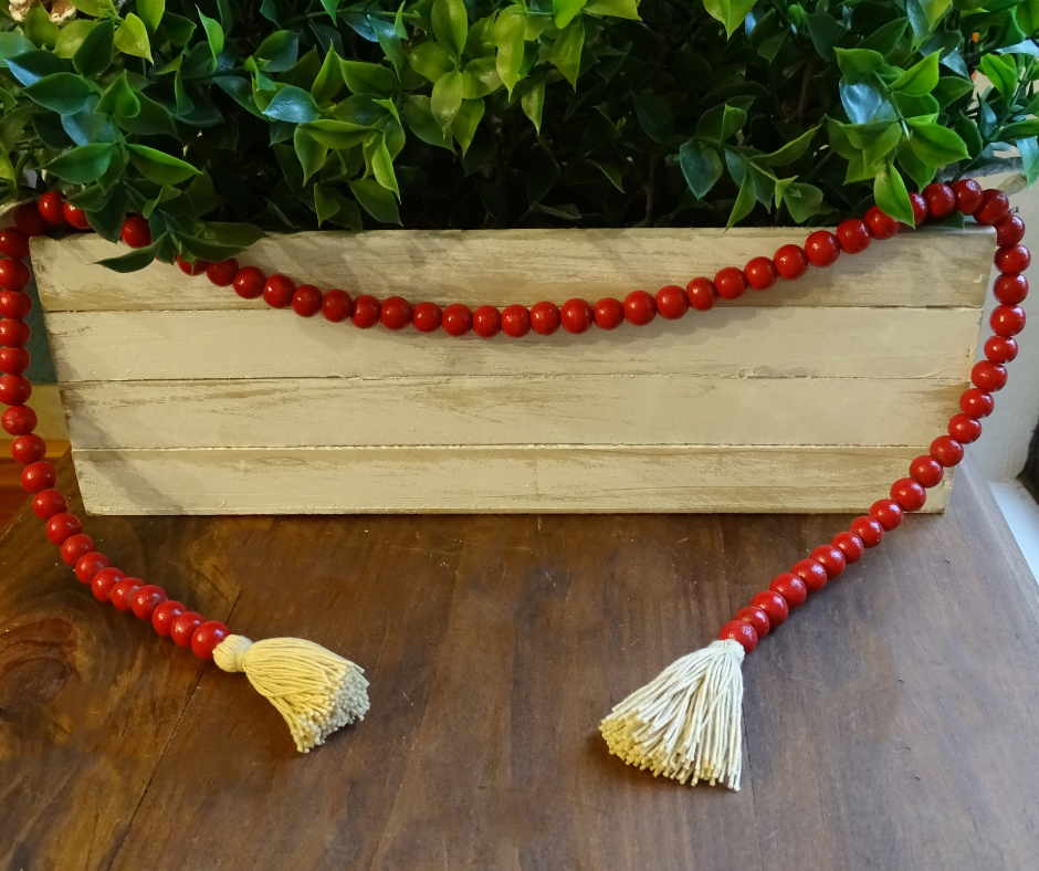 RED (SMALL BEAD) 24&quot; WOOD BEAD GARLAND w/ JUTE TASSELS (Set/1)