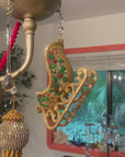 HOLIDAY CHANDELIER MAKEOVER KIT - (3) Gold Glitter Sleigh + (3) 12" Red/Green Garland