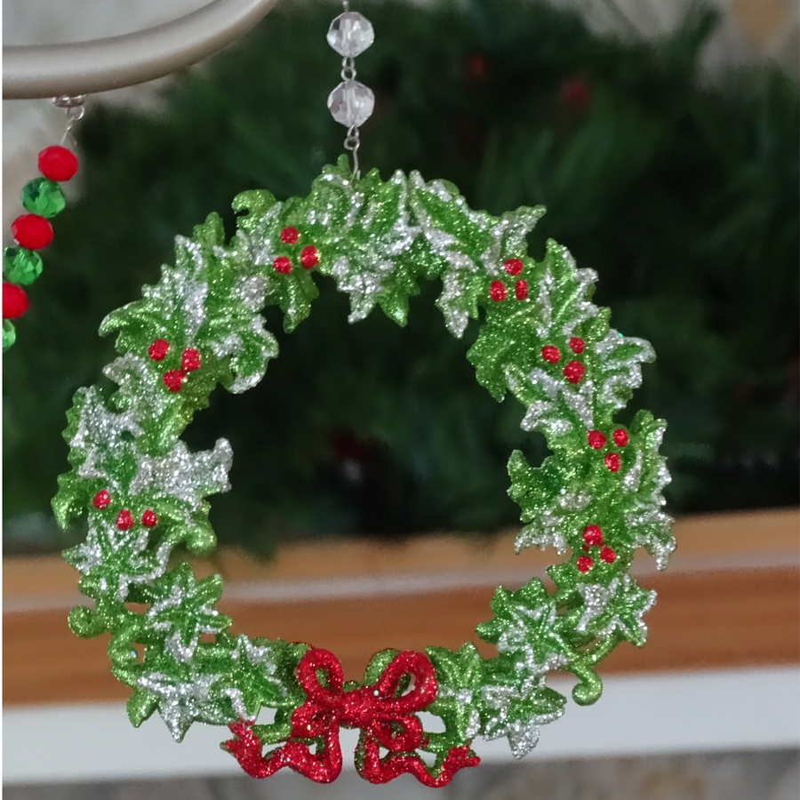 GLITTER RED/GREEN BOW WREATH (Set/3) MAGNETIC CHANDELIER ORNAMENT