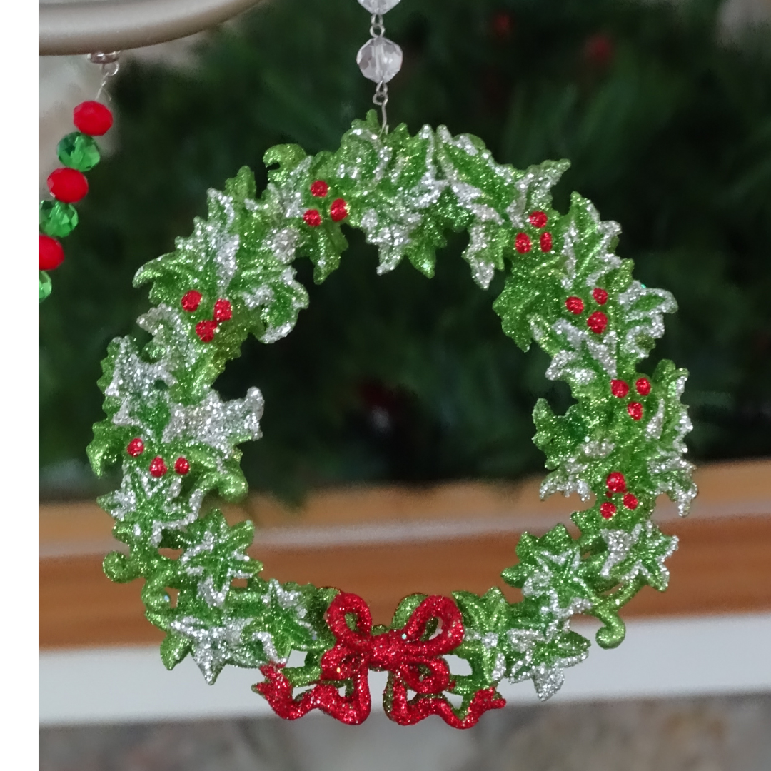 GLITTER RED/GREEN BOW WREATH (Set/3) MAGNETIC CHANDELIER ORNAMENT