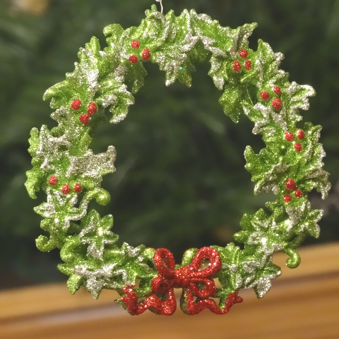GLITTER RED/GREEN BOW WREATH (Set/3) MAGNETIC CHANDELIER ORNAMENT
