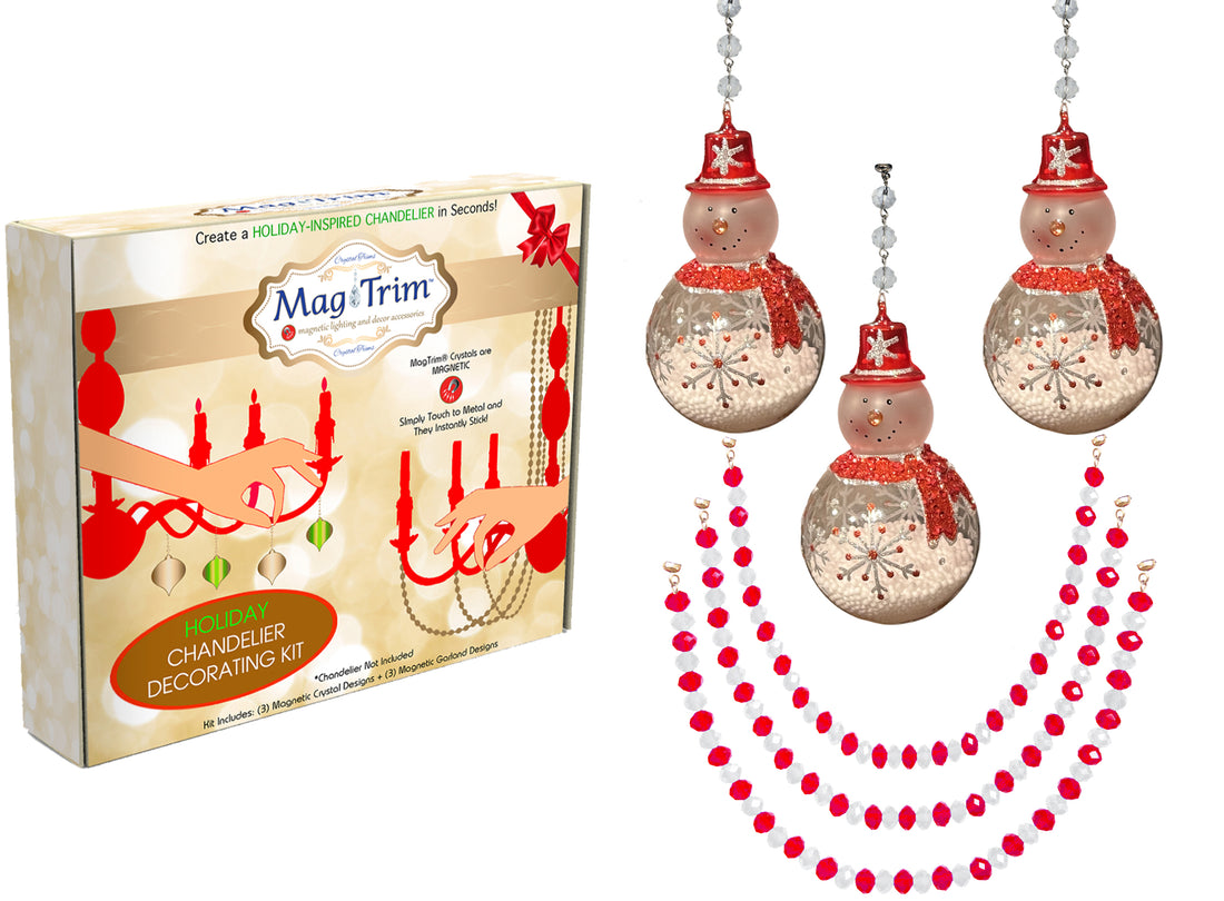 HOLIDAY CHANDELIER MAKEOVER KIT - (3) Glass Snowman + (3) 12" Red/White Crystal Garland