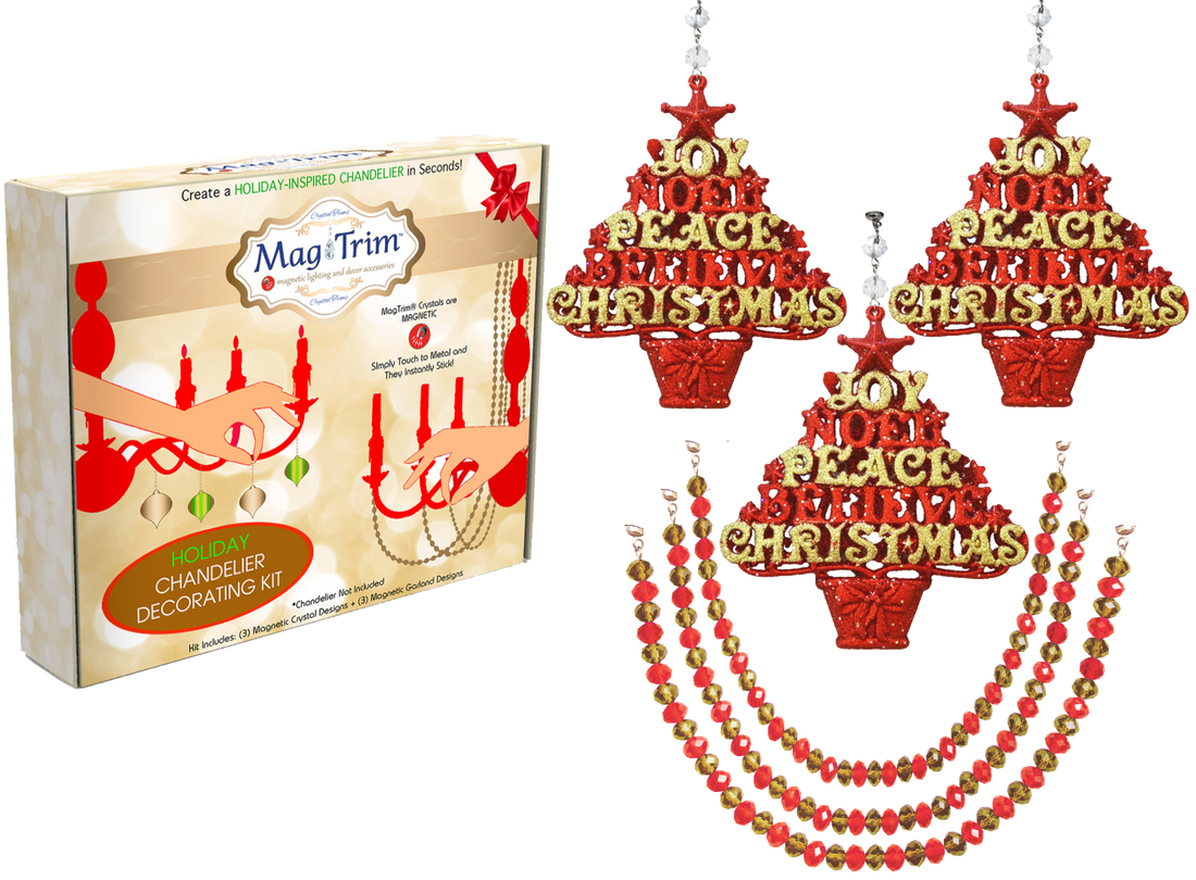 HOLIDAY CHANDELIER MAKEOVER KIT - (3) Red Gold Cross + (3) 12" Red/Gold Garland