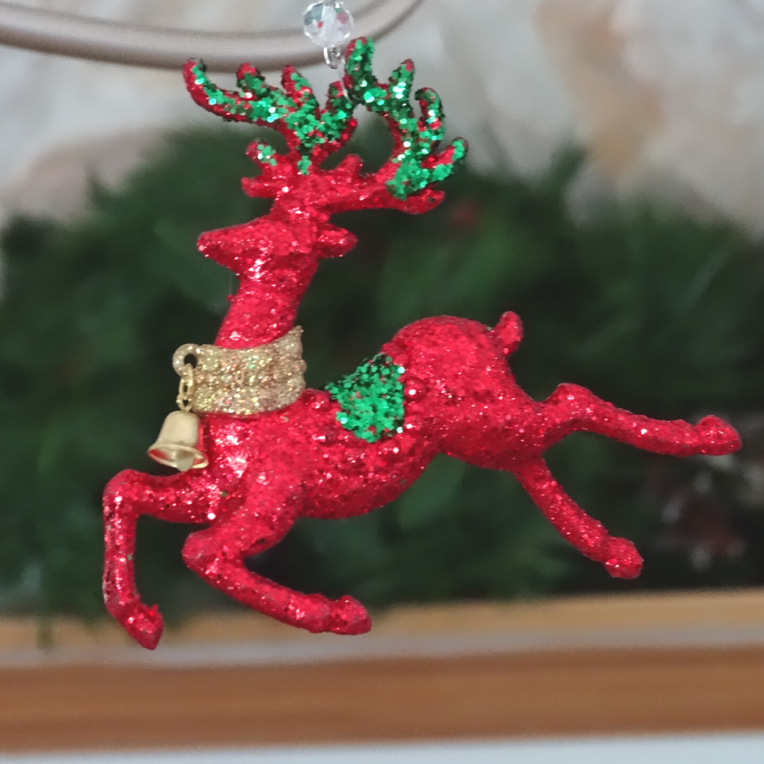 GLITTER RED REINDEER (Set/3) MAGNETIC CHANDELIER ORNAMENT