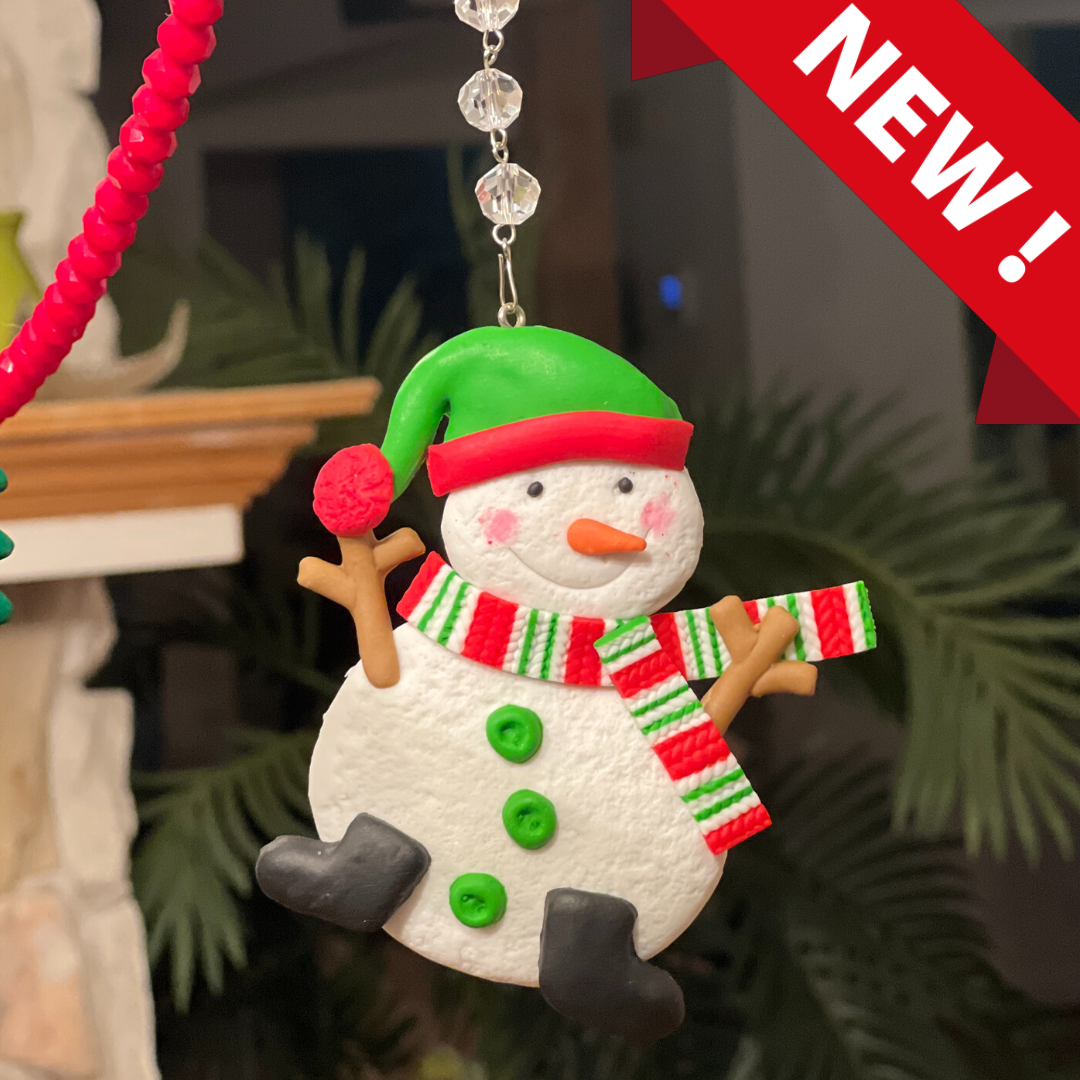 WHIMSICAL SNOWMAN - Green Hat (Set/3) MAGNETIC CHANDELIER ORNAMENT