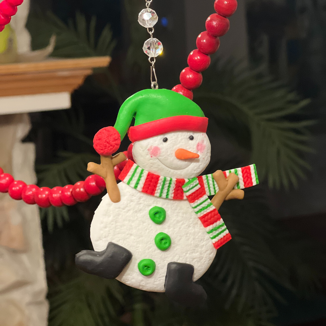 WHIMSICAL SNOWMAN - Green Hat (Set/3) MAGNETIC CHANDELIER ORNAMENT