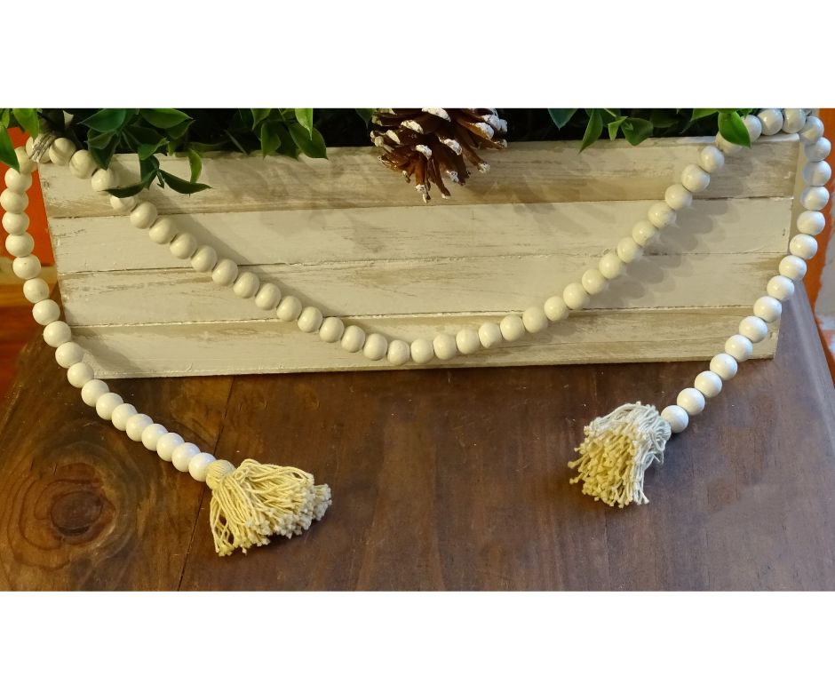 WHITE (SMALL BEAD) 24" WOOD BEAD GARLAND w/ JUTE TASSELS (Set/1)