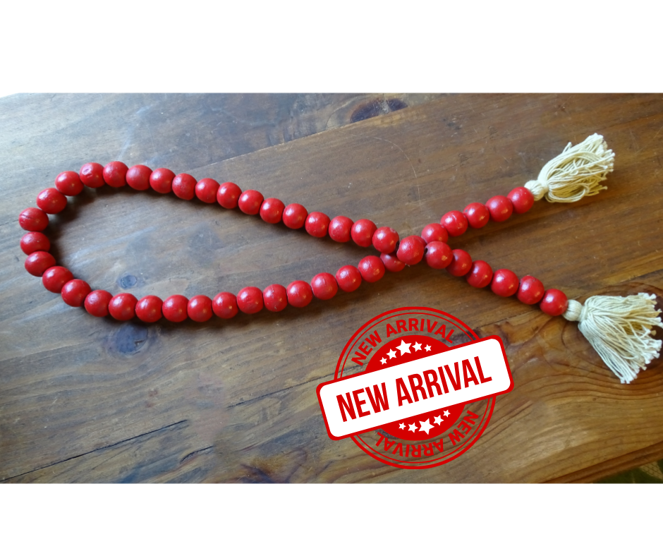 RED (LARGE BEAD) 24&quot; WOOD BEAD GARLAND w/ JUTE TASSELS (Set/1)