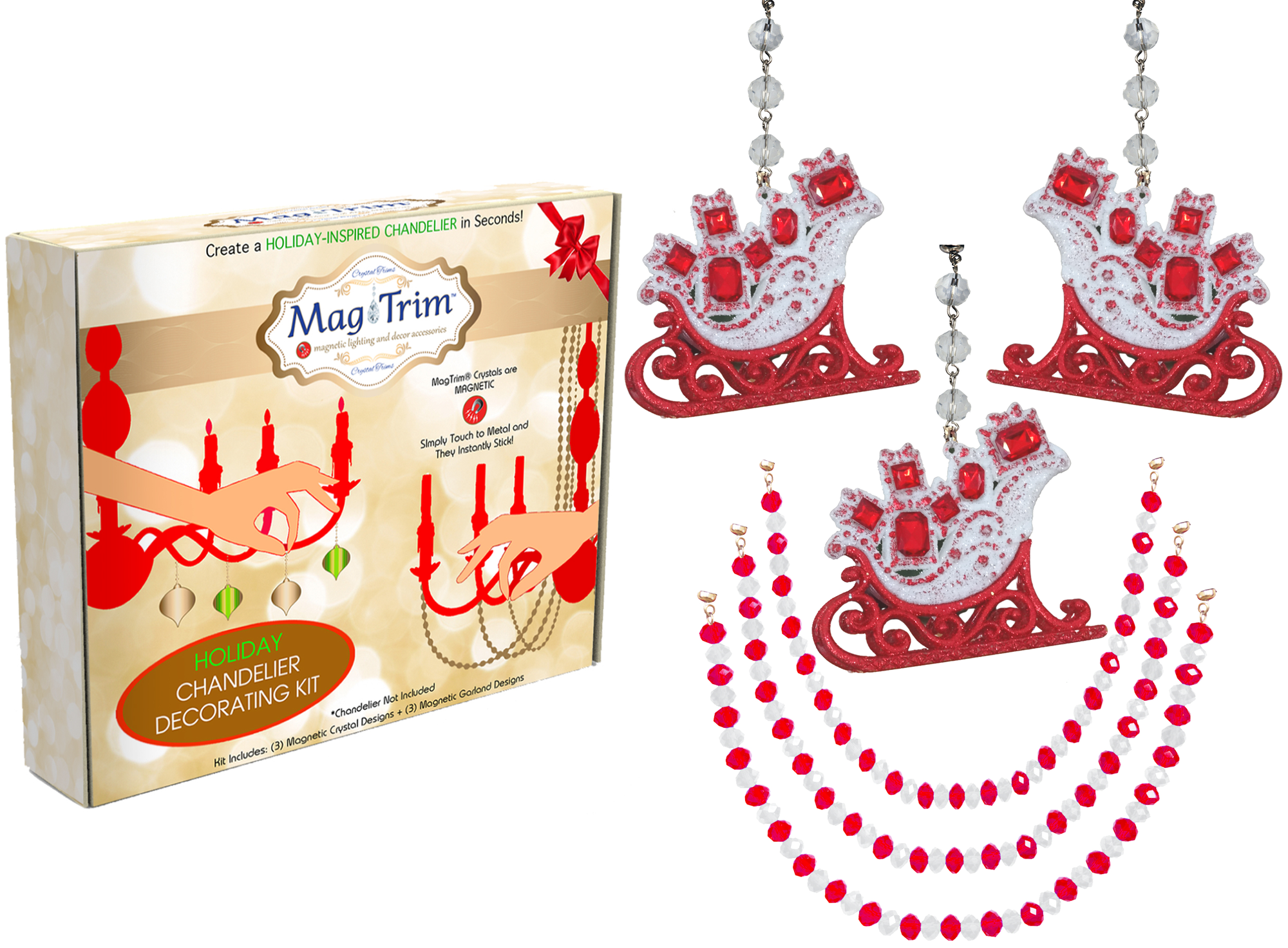 HOLIDAY CHANDELIER MAKEOVER KIT - (3) Red/White Sleigh + (3) 12&quot; Red/White Crystal Garland