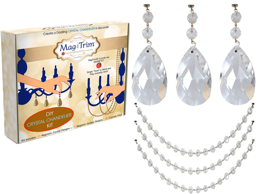 COMPLETE CHANDELIER MAKEOVER KIT - 4" Clear Center Cut Almond + 12" Clear Crystal Bead Garland ( Set/6) Chandelier Crystals | Magnetic Crystals | Lamp Crystals MagTrim Set 6 