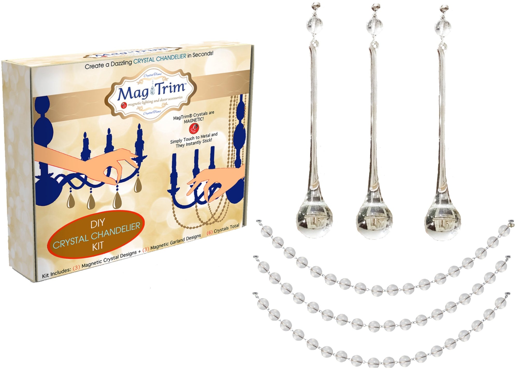 COMPLETE CHANDELIER MAKEOVER KIT - 6&quot; Tear Drop - Magnetic Chandelier Crystals (6 Piece Kit)