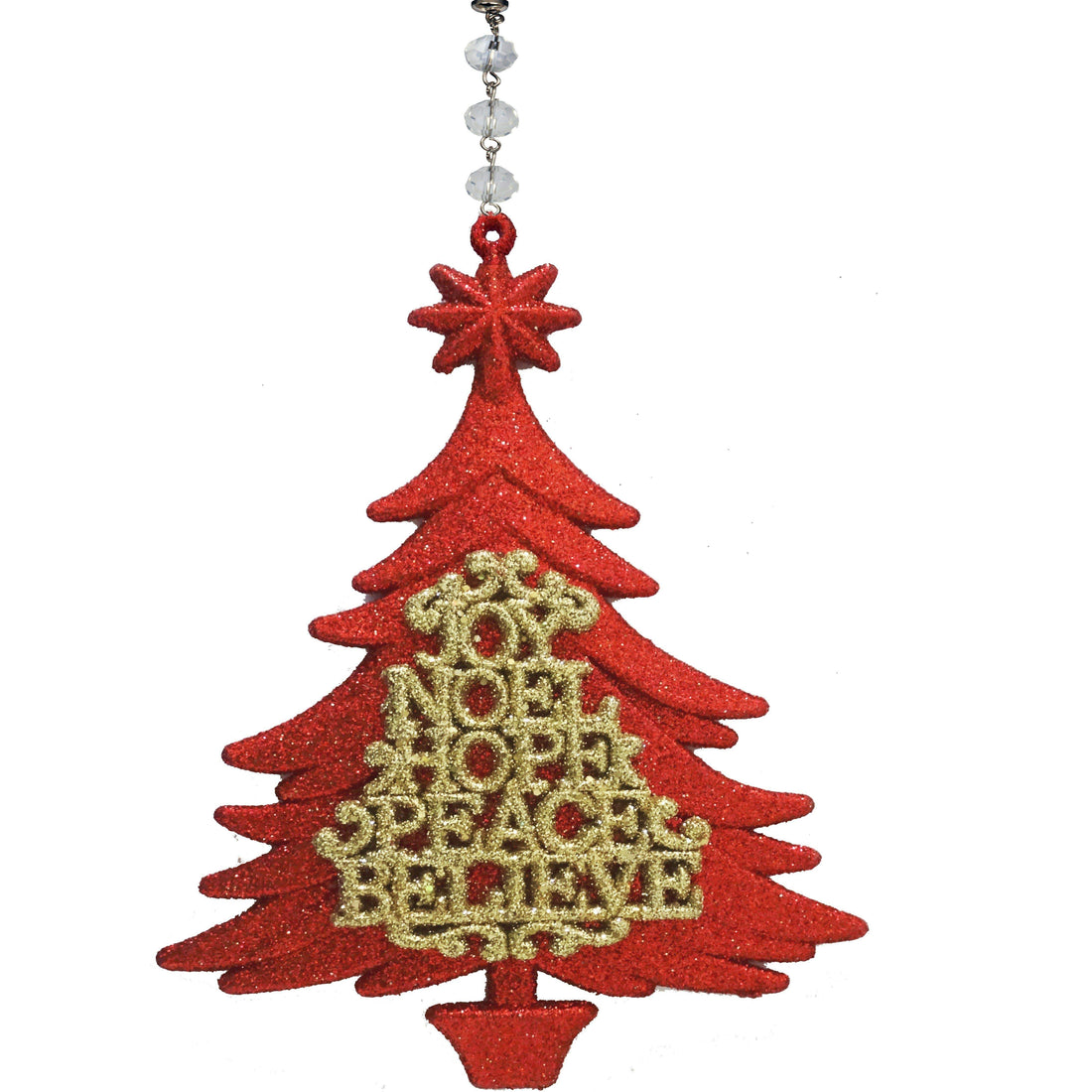 GLITTER RED/GOLD "PEACE/BELIEVE" TREE (Set/3) MAGNETIC CHRISTMAS ORNAMENT - Magnetic Chandelier Accessory TrimKit® Chandelier Crystals | Magnetic Crystals | Lamp Crystals MagTrim  (1583194734694)