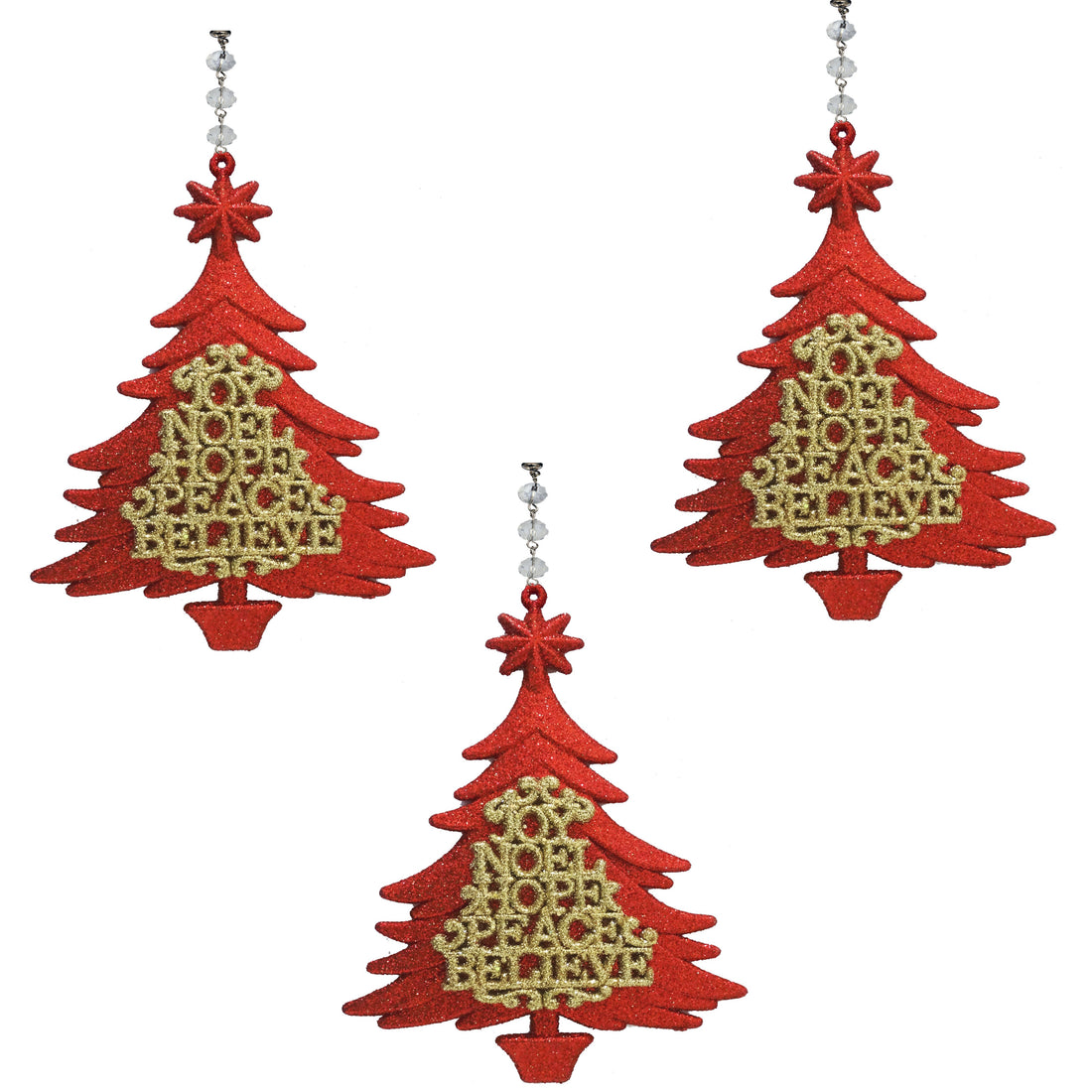 GLITTER RED/GOLD "PEACE/BELIEVE" TREE (Set/3) MAGNETIC CHRISTMAS ORNAMENT - Magnetic Chandelier Accessory TrimKit® Chandelier Crystals | Magnetic Crystals | Lamp Crystals MagTrim Set/3 
