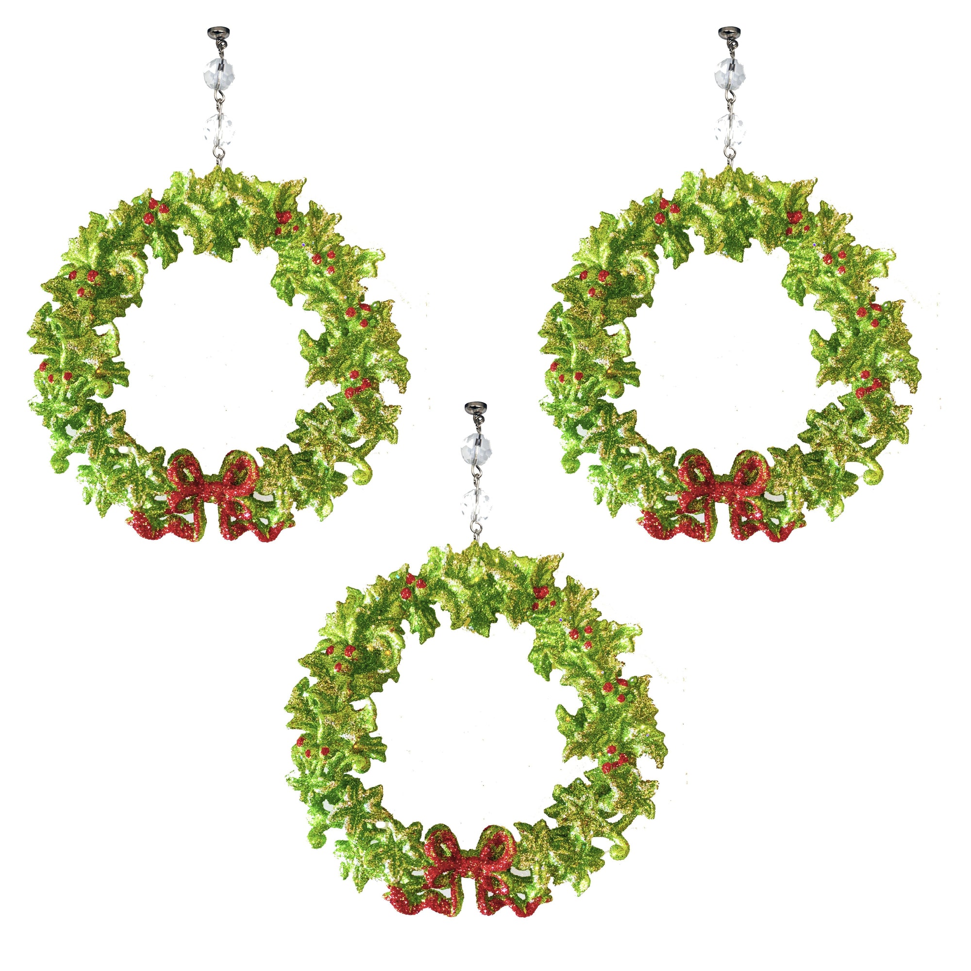 GLITTER RED/GREEN BOW WREATH (Set/3) MAGNETIC CHANDELIER ORNAMENT - MagTrim Designs LLC