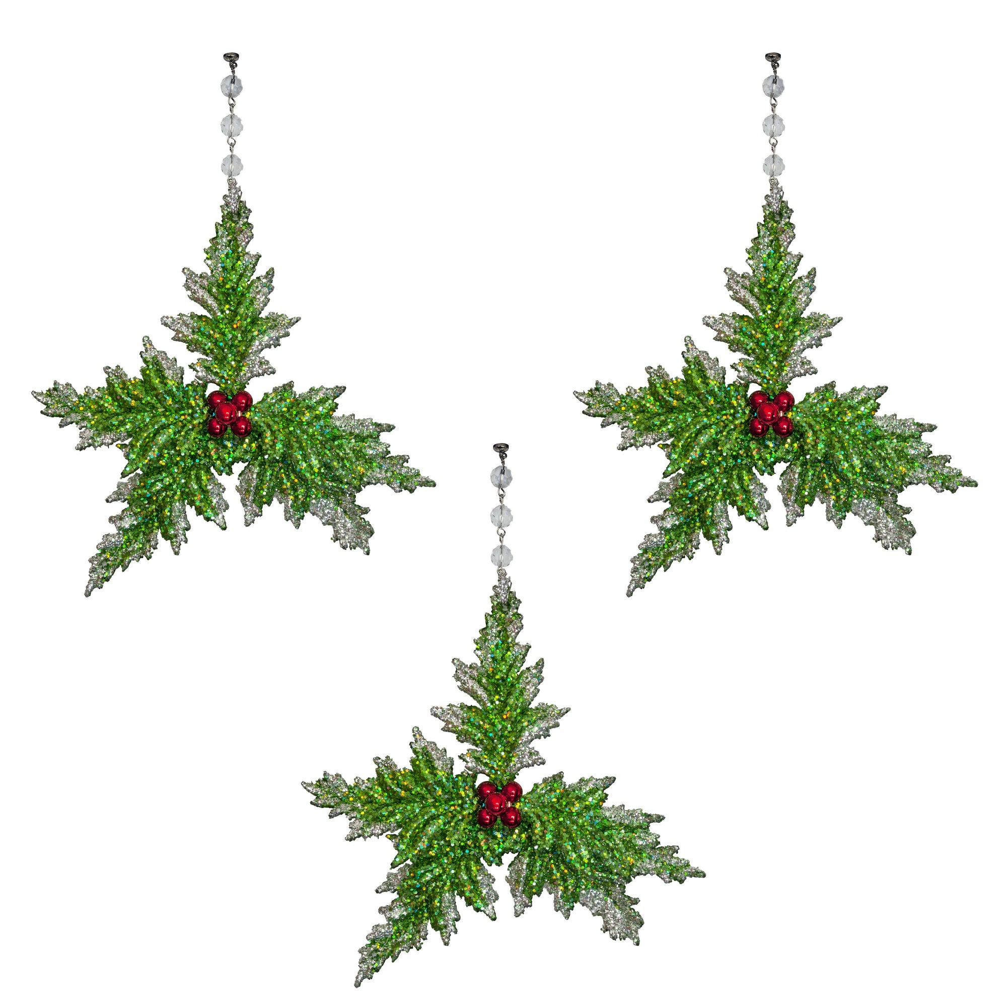 GLITTER RED/GREEN HOLLY (Set/3) MAGNETIC CHANDELIER ORNAMENT - MagTrim Designs LLC