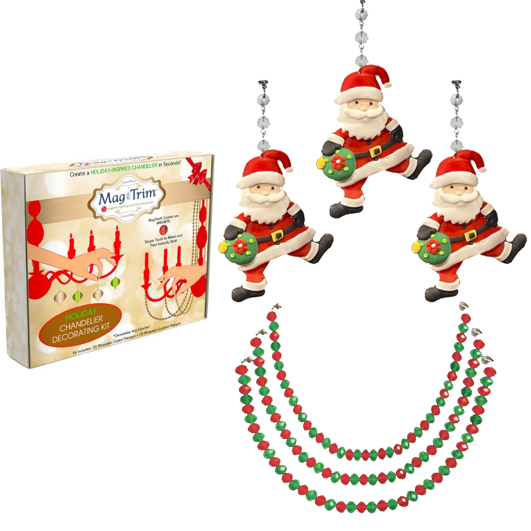 HOLIDAY CHANDELIER MAKEOVER KIT - (3) Santa + (3) 12&quot; Red/Green Bead Crystal Garland