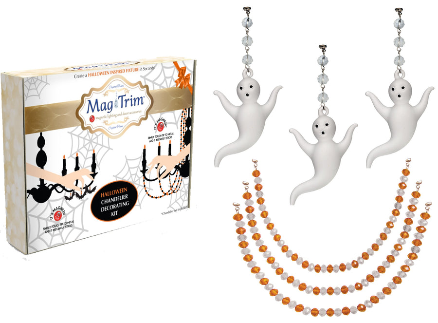 HALLOWEEN CHANDELIER MAKEOVER KIT - (3) Glass Ghost + (3) 12" Orange/White Garland - MagTrim Designs LLC