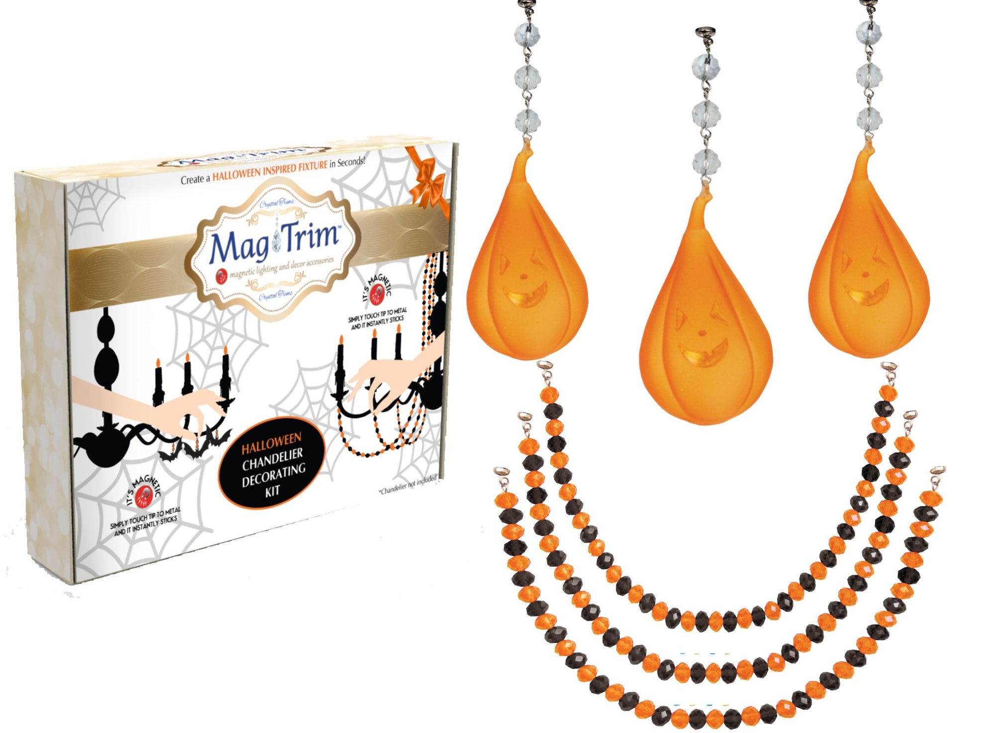 HALLOWEEN CHANDELIER MAKEOVER KIT - (3) Glass Pumpkin + (3) 12" Orange/Black Garland (Set/6) - MagTrim Designs LLC